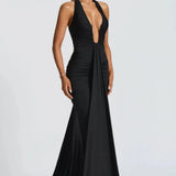 Bernadette | Plunging U-Wire Halter Draped Jersey Maxi Dress