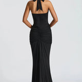 Bernadette | Plunging U-Wire Halter Draped Jersey Maxi Dress