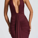 Bernadette | Plunging U-Wire Halter Draped Jersey Maxi Dress