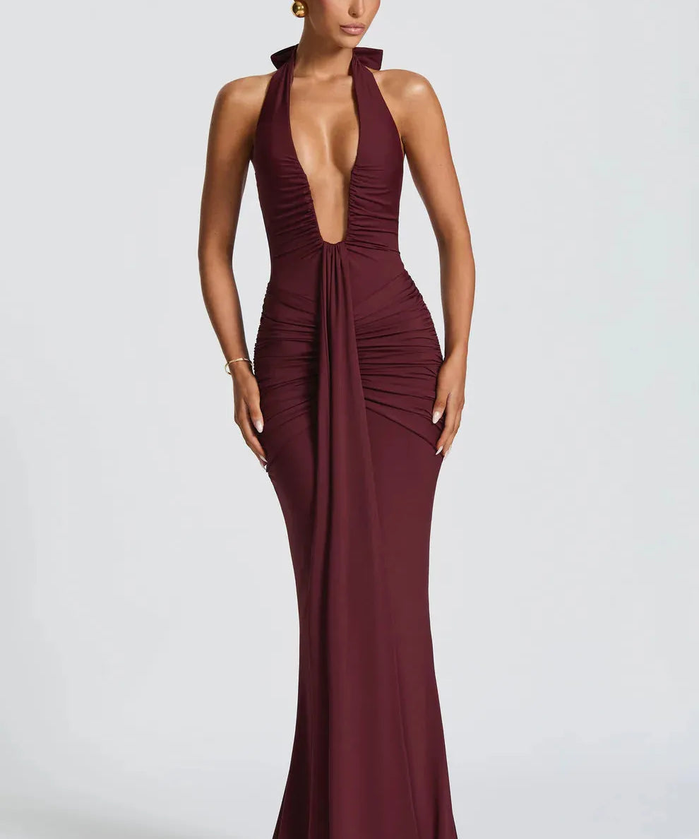 Bernadette | Plunging U-Wire Halter Draped Jersey Maxi Dress