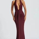 Bernadette | Plunging U-Wire Halter Draped Jersey Maxi Dress