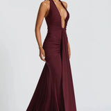 Bernadette | Plunging U-Wire Halter Draped Jersey Maxi Dress