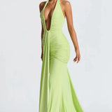 Bernadette | Plunging U-Wire Halter Draped Jersey Maxi Dress