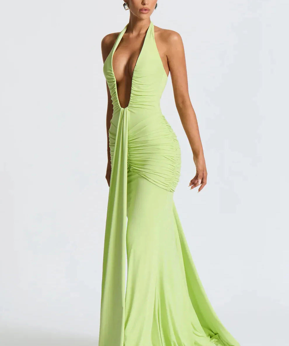 Bernadette | Plunging U-Wire Halter Draped Jersey Maxi Dress