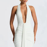 Bernadette | Plunging U-Wire Halter Draped Jersey Maxi Dress