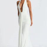 Bernadette | Plunging U-Wire Halter Draped Jersey Maxi Dress