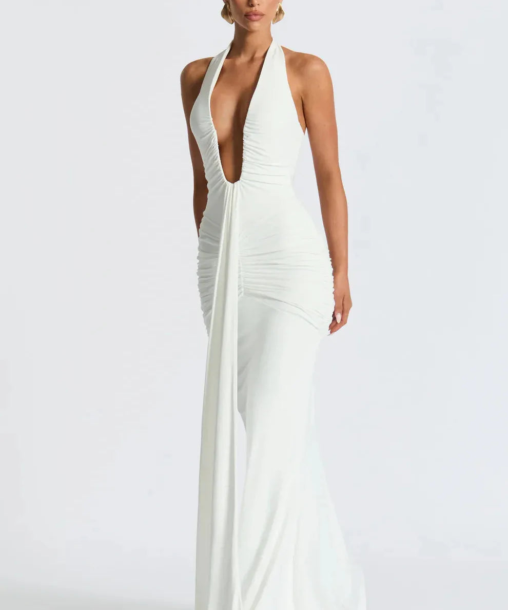 Bernadette | Plunging U-Wire Halter Draped Jersey Maxi Dress