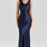 Felicia | Deep Sapphire Satin Cowl Neck Maxi Dress
