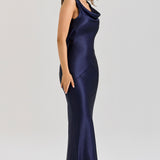 Felicia | Deep Sapphire Satin Cowl Neck Maxi Dress