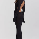 Sancha | Sheer Backless Black Knit Maxi Dress