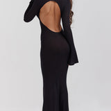 Sancha | Sheer Backless Black Knit Maxi Dress