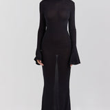 Sancha | Sheer Backless Black Knit Maxi Dress