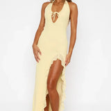 Heat | Plunge Neckline  Ruffled Thigh-High Slit Maxi Dress