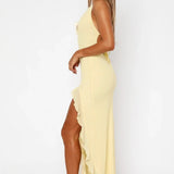 Heat | Plunge Neckline  Ruffled Thigh-High Slit Maxi Dress